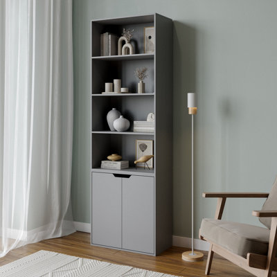 URBNLIVING Height 180Cm 6 Tier Bookcase With 2 Door Cupboard Cabinet Storage Shelving Display Colour Grey