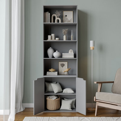 URBNLIVING Height 180Cm 6 Tier Bookcase With 2 Door Cupboard Cabinet Storage Shelving Display Colour Grey Wood Shelf - 3