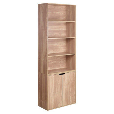 URBNLIVING Height 180Cm 6 Tier Bookcase With 2 Door Cupboard Cabinet Storage Shelving Display Colour Oak Wood Shelf