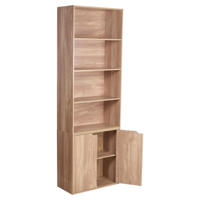 URBNLIVING Height 180Cm 6 Tier Bookcase With 2 Door Cupboard Cabinet Storage Shelving Display Colour Oak Wood Shelf