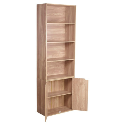 URBNLIVING Height 180Cm 6 Tier Bookcase With 2 Door Cupboard Cabinet Storage Shelving Display Colour Oak Wood Shelf - 3