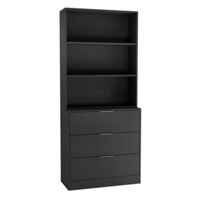 URBNLIVING Height 180cm Black Drawers & Black Bookcase 60cm Width 3 Tier Wooden Storage Chest Cabinet & Display Bookcase Shelving