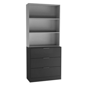 URBNLIVING Height 180cm Black Drawers & Grey Bookcase 60cm Width 3 Tier Wooden Storage Chest Cabinet & Display Bookcase Shelving