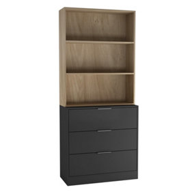 URBNLIVING Height 180cm Black Drawers & Oak Bookcase 60cm Width 3 Tier Wooden Storage Chest Cabinet & Display Bookcase Shelving
