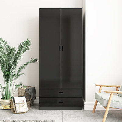 URBNLIVING Height 180cm Glossy Black Carcass & Black Drawers Tall 2 Door Wardrobe Bedroom Storage Hanging Rail Modern Furniture