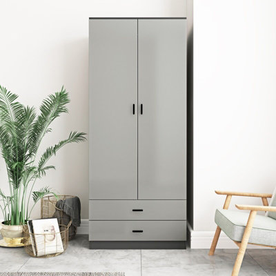 URBNLIVING Height 180cm Glossy Black Carcass & Grey Drawers Tall 2 Door Wardrobe Bedroom Storage Hanging Rail Modern Furniture