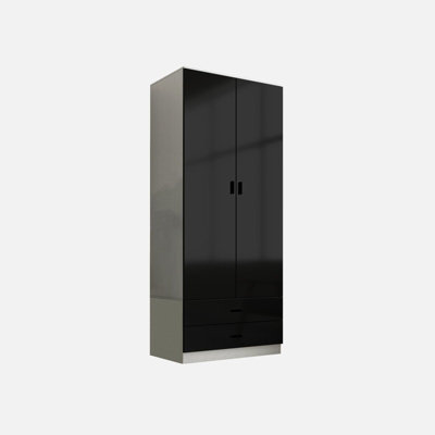 URBNLIVING Height 180cm Glossy Grey Carcass & Black Drawers Tall 2 Door Wardrobe Bedroom Storage Hanging Rail Modern Furniture