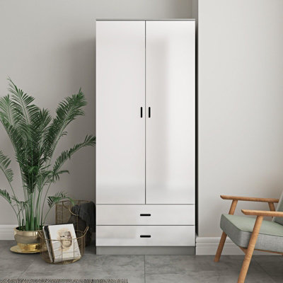 URBNLIVING Height 180cm Glossy Grey Carcass & White Drawers Tall 2 Door Wardrobe Bedroom Storage Hanging Rail Modern Furniture