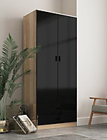 URBNLIVING Height 180cm Glossy Oak Carcass & Black Drawers Tall 2 Door Wardrobe Bedroom Storage Hanging Rail Modern Furniture