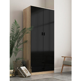 URBNLIVING Height 180cm Glossy Oak Carcass & Black Drawers Tall 2 Door Wardrobe Bedroom Storage Hanging Rail Modern Furniture