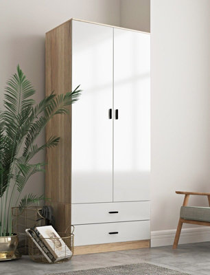 URBNLIVING Height 180cm Glossy Oak Carcass White Drawers Tall 2 Door Wardrobe Bedroom Storage Hanging Rail Modern Furniture DIY at B Q