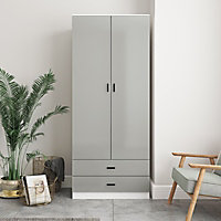 URBNLIVING Height 180cm Glossy White Carcass & Grey Drawers Tall 2 Door Wardrobe Bedroom Storage Hanging Rail Modern Furniture