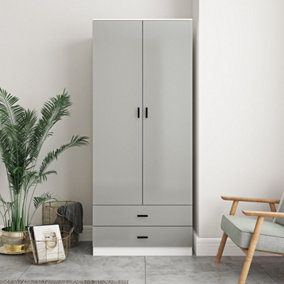 URBNLIVING Height 180cm Glossy White Carcass & Grey Drawers Tall 2 Door Wardrobe Bedroom Storage Hanging Rail Modern Furniture