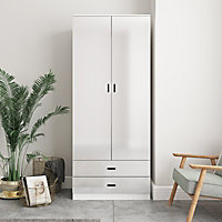 URBNLIVING Height 180cm Glossy White Carcass & White Drawers Tall 2 Door Wardrobe Bedroom Storage Hanging Rail Modern Furniture