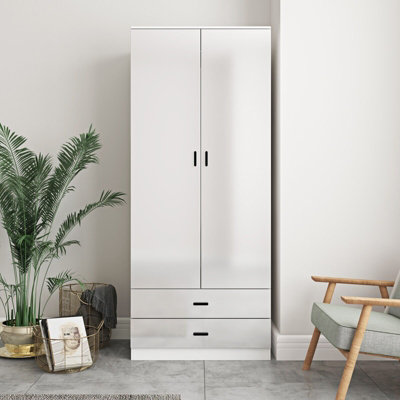 URBNLIVING Height 180cm Glossy White Carcass & White Drawers Tall 2 Door Wardrobe Bedroom Storage Hanging Rail Modern Furniture