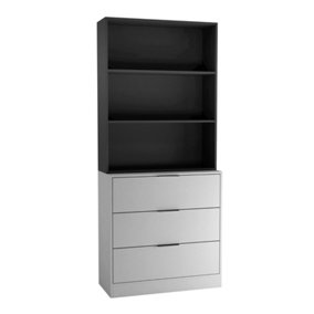 URBNLIVING Height 180cm Grey Drawers & Black Bookcase 60cm Width 3 Tier Wooden Storage Chest Cabinet & Display Bookcase Shelving