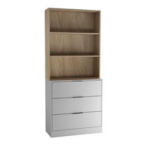 URBNLIVING Height 180cm Grey Drawers & Oak Bookcase 60cm Width 3 Tier Wooden Storage Chest Cabinet & Display Bookcase Shelving
