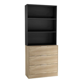 URBNLIVING Height 180cm Oak Drawers & Black Bookcase 60cm Width 3 Tier Wooden Storage Chest Cabinet & Display Bookcase Shelving