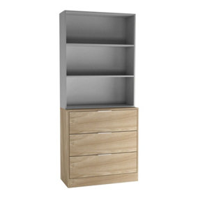 URBNLIVING Height 180cm Oak Drawers & Grey Bookcase 60cm Width 3 Tier Wooden Storage Chest Cabinet & Display Bookcase Shelving