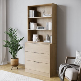 URBNLIVING Height 180cm Oak Drawers & Oak Bookcase 60cm Width 3 Tier Wooden Storage Chest Cabinet & Display Bookcase Shelving