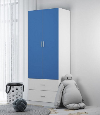 URBNLIVING Height 180cm Orlando Blue Wooden 2 Door White 2 Drawer Compact Kids Wardrobe Bedroom Storage Hanging Bar