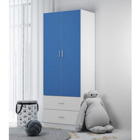 URBNLIVING Height 180cm Orlando Blue Wooden 2 Door White 2 Drawer Compact Kids Wardrobe Bedroom Storage Hanging Bar