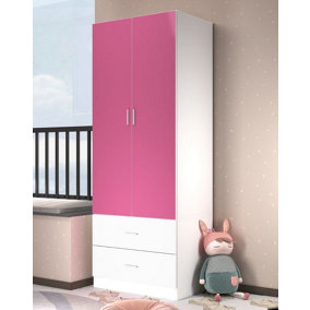 URBNLIVING Height 180cm Orlando Pink Wooden 2 Door White 2 Drawer Compact Kids Wardrobe Bedroom Storage Hanging Bar