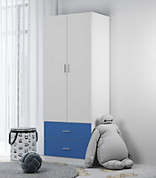 URBNLIVING Height 180cm Orlando White Wooden 2 Door Blue 2 Drawer Compact Kids Wardrobe Bedroom Storage Hanging Bar