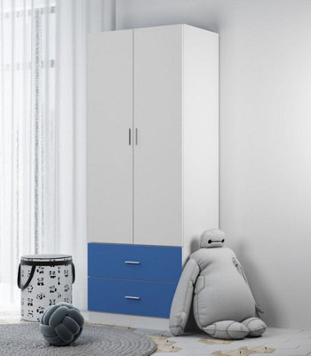 URBNLIVING Height 180cm Orlando White Wooden 2 Door Blue 2 Drawer Compact Kids Wardrobe Bedroom Storage Hanging Bar