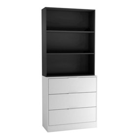 URBNLIVING Height 180cm White Drawers & Black Bookcase 60cm Width 3 Tier Wooden Storage Chest Cabinet & Display Bookcase Shelving