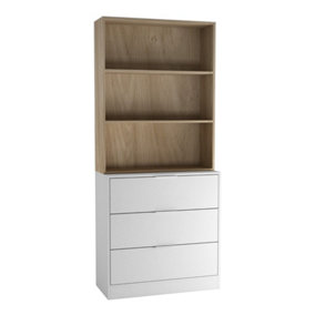 URBNLIVING Height 180cm White Drawers & Oak Bookcase 60cm Width 3 Tier Wooden Storage Chest Cabinet & Display Bookcase Shelving