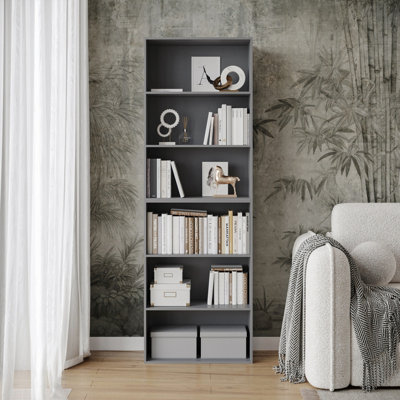 URBNLIVING Height 180Cm Wide 6 Tier Book Shelf Deep Bookcase Storage Cabinet Display Colour Grey Dining Living Room