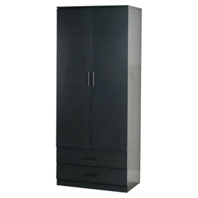 URBNLIVING Height 180cm Wooden Black Tall 2 Door Wardrobe with 2 Drawers Bedroom Storage with Hanging Bar for Clothes