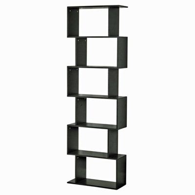 URBNLIVING Height 190.5Cm 6 Tier Wooden S-Shaped Bookcase Living Room Colour Black Modern Display Shelves Storage Unit Divider