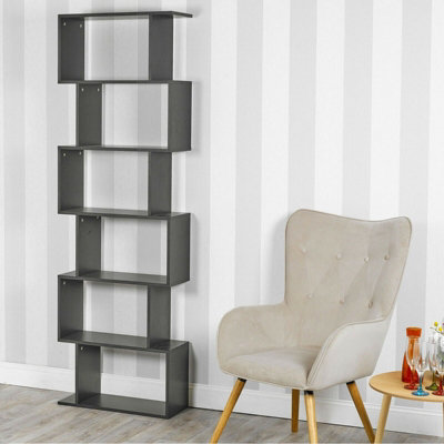 URBNLIVING Height 190.5Cm 6 Tier Wooden S-Shaped Bookcase Living Room Colour Black Modern Display Shelves Storage Unit Divider