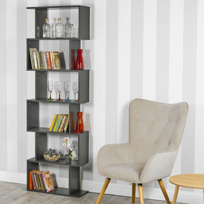 URBNLIVING Height 190.5Cm 6 Tier Wooden S-Shaped Bookcase Living Room Colour Black Modern Display Shelves Storage Unit Divider