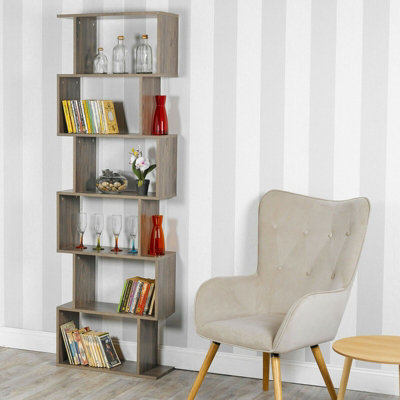 URBNLIVING Height 190.5Cm 6 Tier Wooden S-Shaped Bookcase Living Room Colour Oak Modern Display Shelves Storage Unit Divider