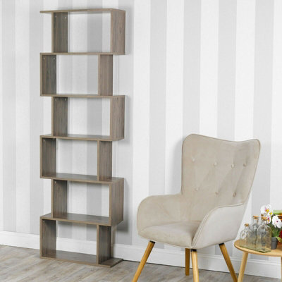 URBNLIVING Height 190.5Cm 6 Tier Wooden S-Shaped Bookcase Living Room Colour Oak Modern Display Shelves Storage Unit Divider