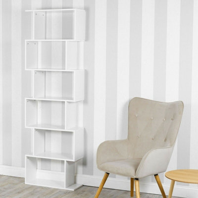 URBNLIVING Height 190.5Cm 6 Tier Wooden S-Shaped Bookcase Living Room Colour White Modern Display Shelves Storage Unit Divider