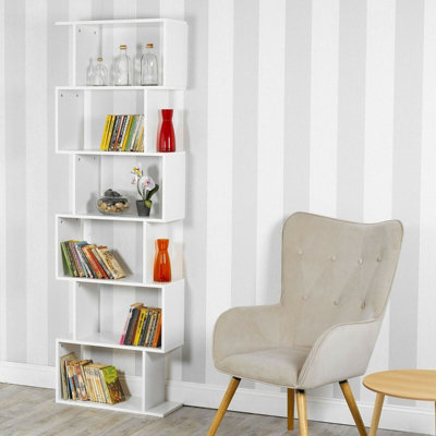 URBNLIVING Height 190.5Cm 6 Tier Wooden S-Shaped Bookcase Living Room Colour White Modern Display Shelves Storage Unit Divider