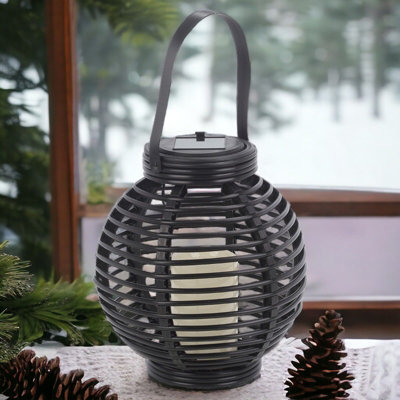 URBNLIVING Height 21cm Round Black Colour Warm White LED Solar Lantern Hanging with Handle Garden Décor