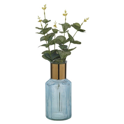 URBNLIVING Height 22cm Small Blue Vintage Decorative Glass Bottle Table Vase with Gold Rim