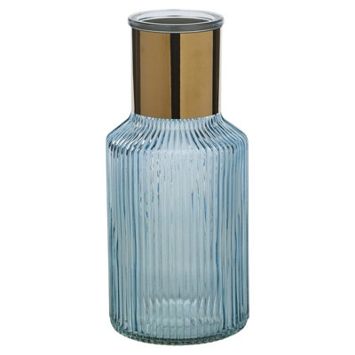 URBNLIVING Height 22cm Small Blue Vintage Decorative Glass Bottle Table Vase with Gold Rim - 3