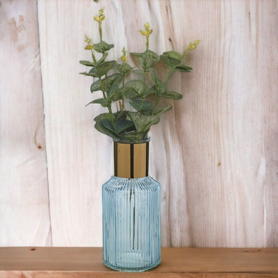 URBNLIVING Height 22cm Small Blue Vintage Decorative Glass Bottle Table Vase with Gold Rim - 5