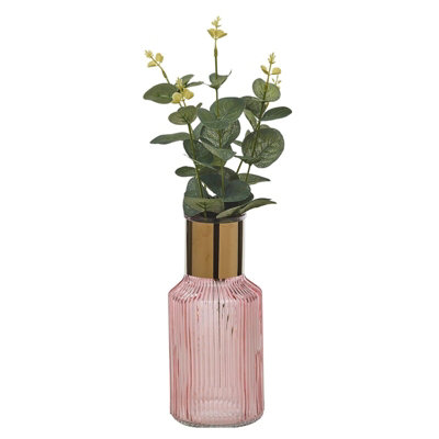 URBNLIVING Height 22cm Small Pink Vintage Decorative Glass Bottle Table Vase with Gold Rim