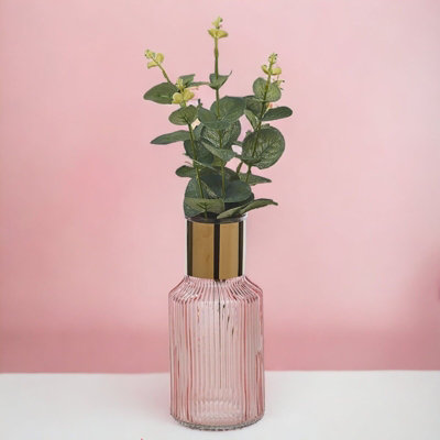 URBNLIVING Height 22cm Small Pink Vintage Decorative Glass Bottle Table Vase with Gold Rim - 3