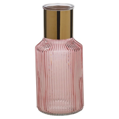 URBNLIVING Height 22cm Small Pink Vintage Decorative Glass Bottle Table Vase with Gold Rim - 4