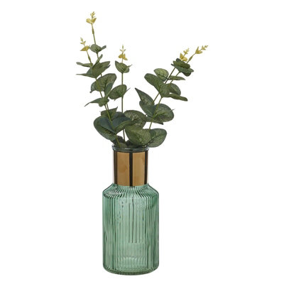 URBNLIVING Height 22cm Small Teal Vintage Decorative Glass Bottle Table Vase with Gold Rim