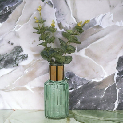 URBNLIVING Height 22cm Small Teal Vintage Decorative Glass Bottle Table Vase with Gold Rim - 3