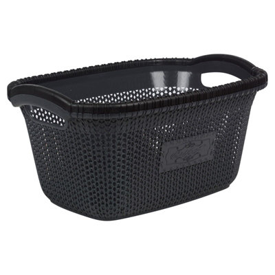 URBNLIVING Height 23cm 30L Anthracite Plastic Rattan Laundry Clothes Basket Storage Hamper with Handles